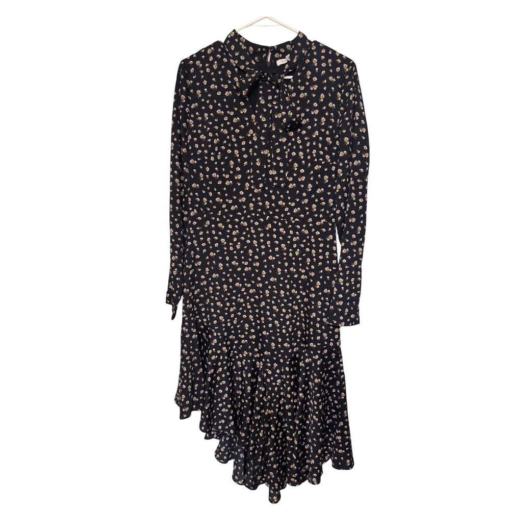 Mika & Gali Black Floral‎ Print Long Sleeve Tie Neck Midi Dress
